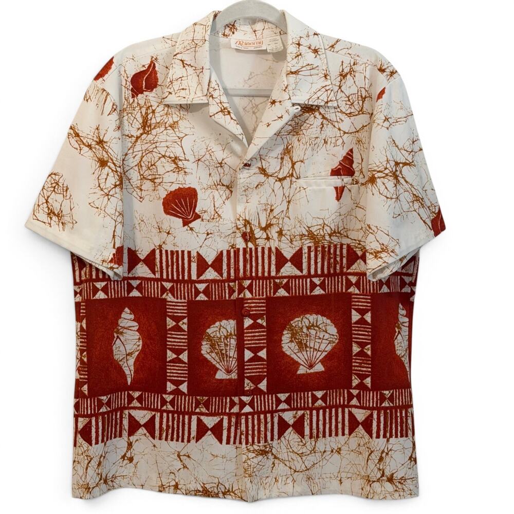 Vintage McInerny Hawaiian Shirt Size L Shell Print Polynesian Tiki Aloha 80s